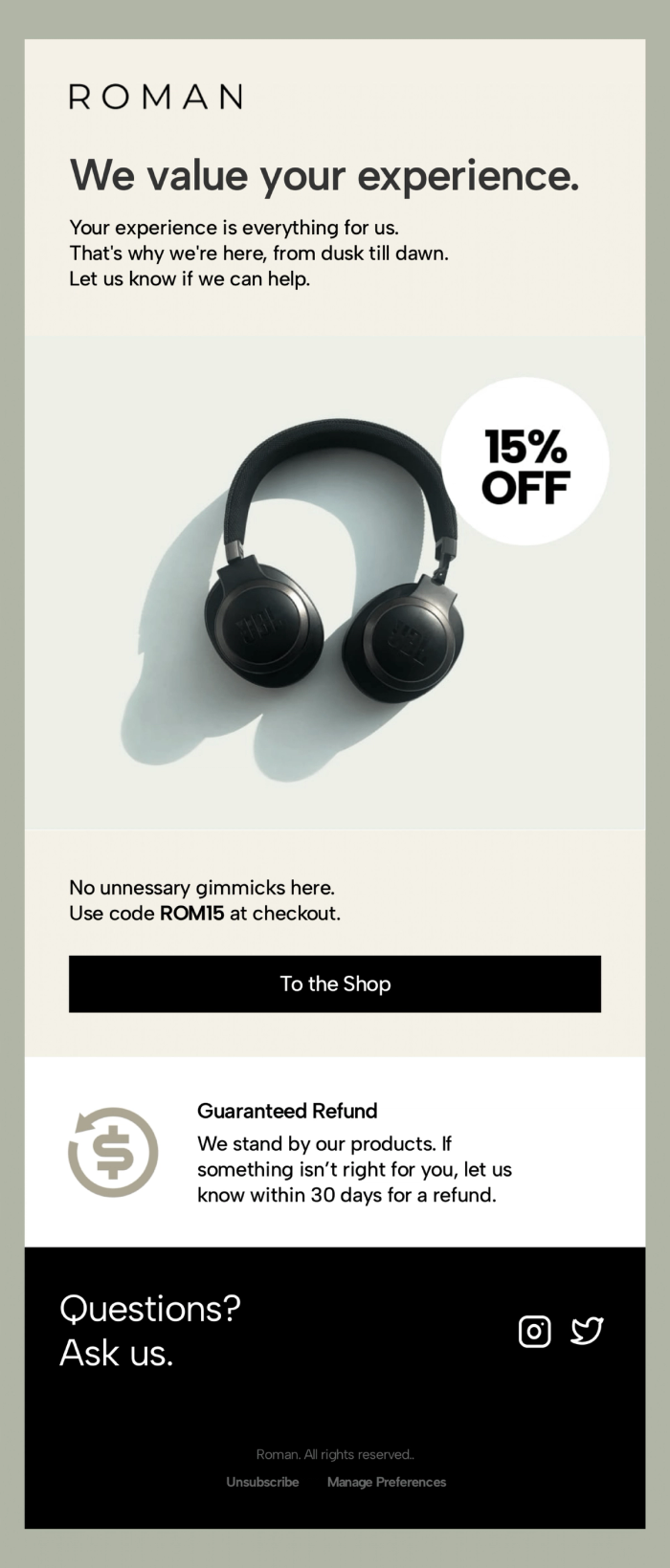 Klaviyo abandoned cart email template from the brand ROMAN. The email features a pair of black wireless headphones with a '15% OFF' sticker. The headline reads 'We value your experience.' and it offers the discount code 'ROM15'. Below the product image is a 'To the Shop' button, followed by a 'Guaranteed Refund' section and a footer with social media links under the heading 'Questions? Ask us.